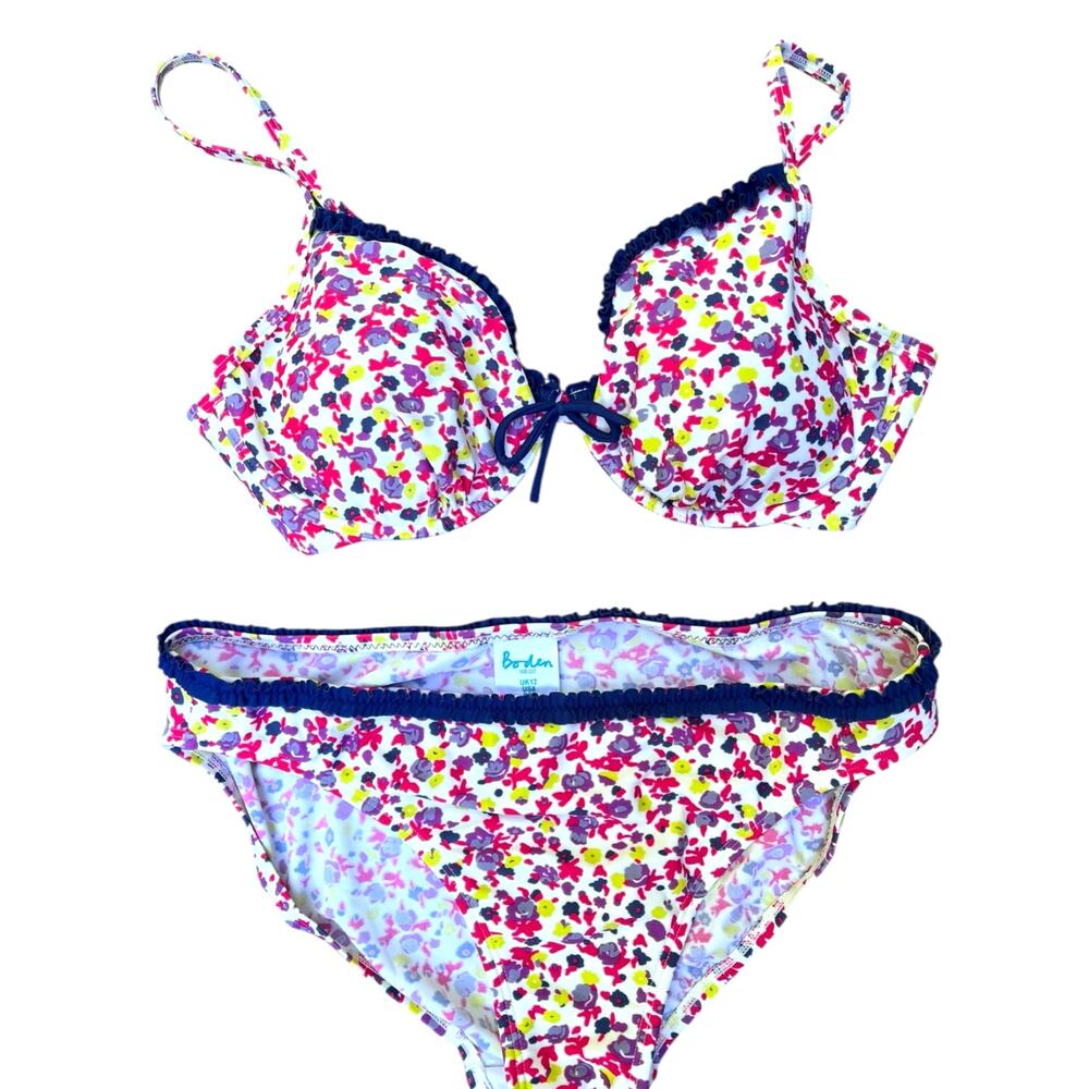 Boden Floral Ruffle Bikini Set | Sz 36B top, 8 bottoms | Blue, Purple, Yellow - Picture 2 of 12